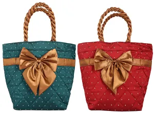 Heart Home Satin 2 Piece Women Hand Bag (Green & Maroon) - CTHH10334