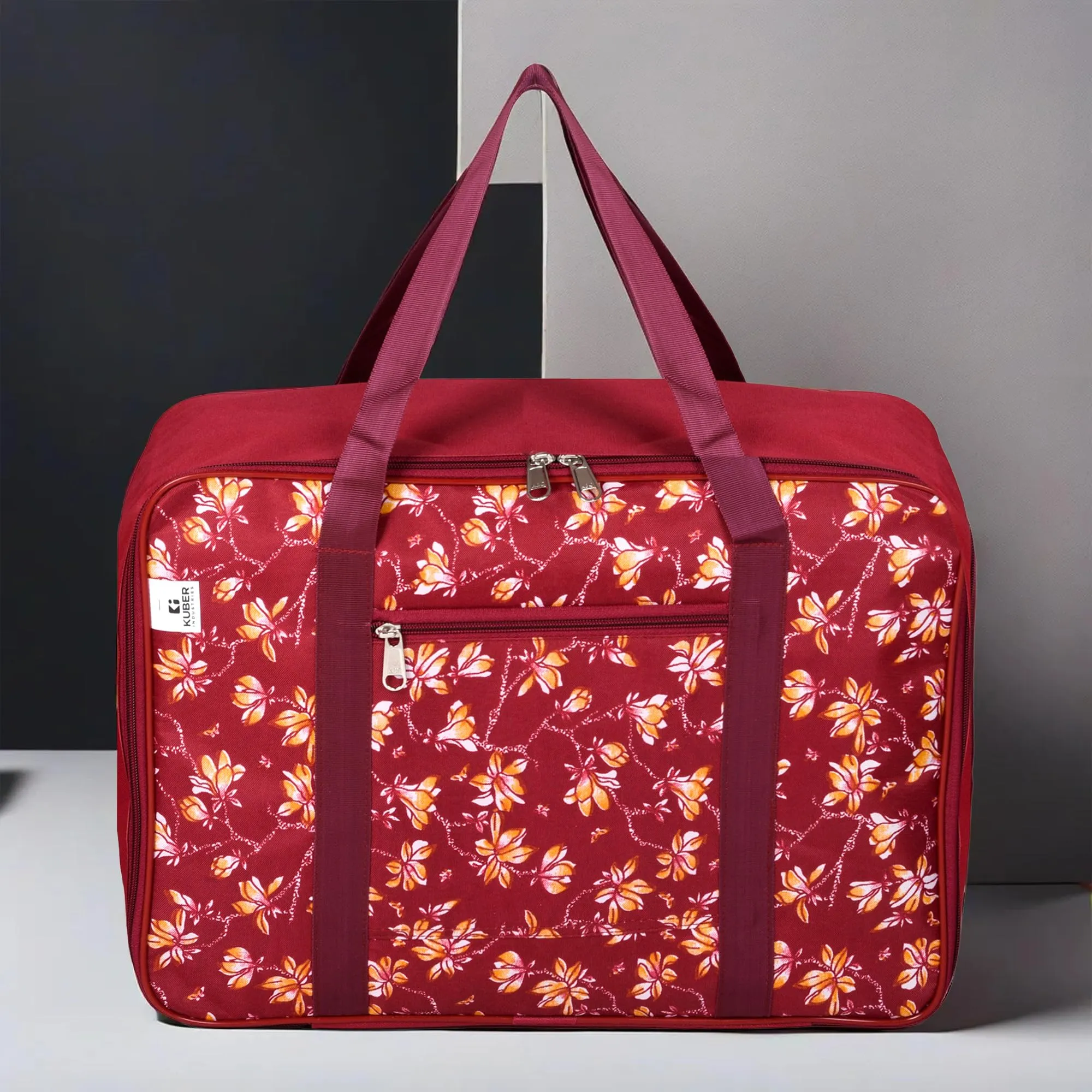 Heart Home Storage Bag | Clothes Storage Attachi Bag | Underbed Storage Bag | Zipper Storage Bag | Wardrobe Organizer with Handle | Travel Attachi Bag | Flower-Print | Small | Maroon