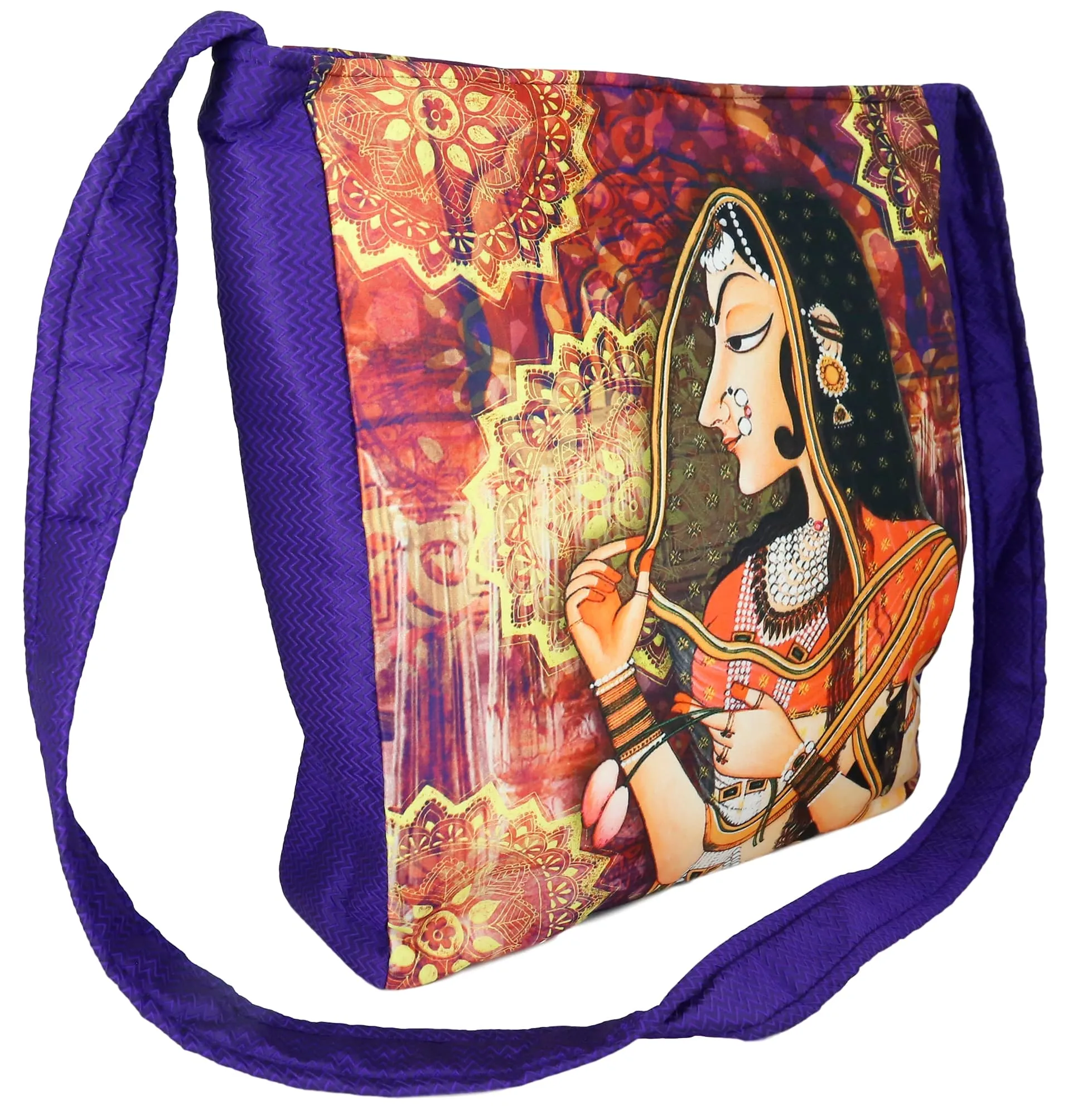 Indian Jhola Bag For Women Digital Print Cross Body Shoulder Bag Fashion Sling Bag Quilted Faux Silk,16x14x3 Inch,Mughal Queen