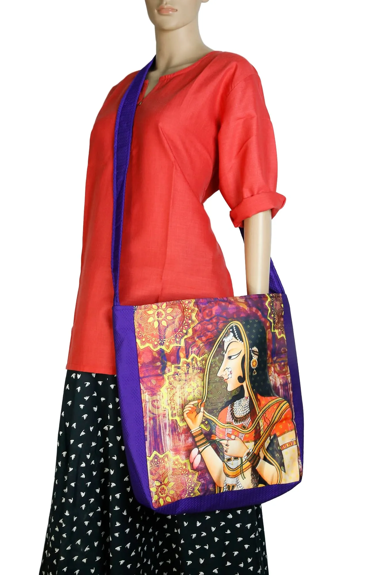 Indian Jhola Bag For Women Digital Print Cross Body Shoulder Bag Fashion Sling Bag Quilted Faux Silk,16x14x3 Inch,Mughal Queen