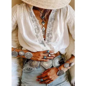 KHALEE YOSE Gorgeous Boho Style Deep V-Neck White Lace Embroidery Blouse