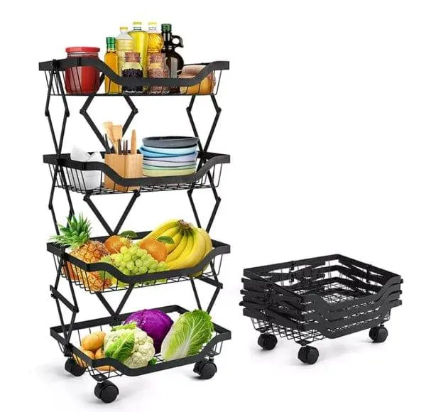 Kitchen Vegetable Storage Rack Foldable Rolling Metal Storage Organizer Cart By CN