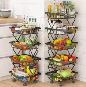 Kitchen Vegetable Storage Rack Foldable Rolling Metal Storage Organizer Cart By CN