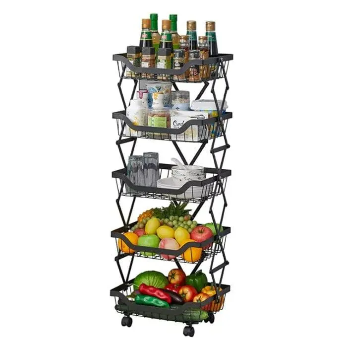 Kitchen Vegetable Storage Rack Foldable Rolling Metal Storage Organizer Cart By CN