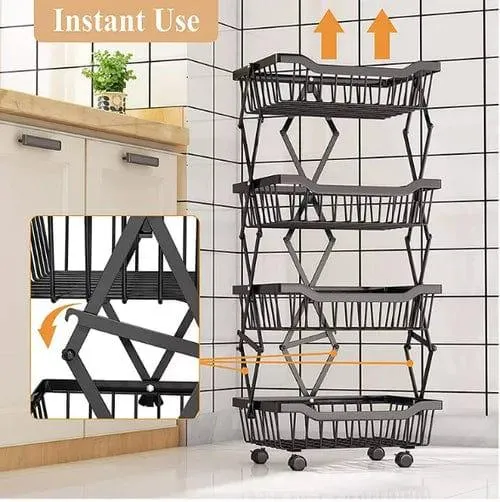 Kitchen Vegetable Storage Rack Foldable Rolling Metal Storage Organizer Cart By CN