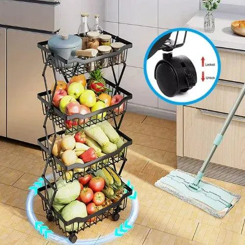 Kitchen Vegetable Storage Rack Foldable Rolling Metal Storage Organizer Cart By CN