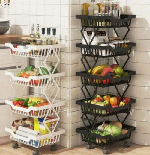 Kitchen Vegetable Storage Rack Foldable Rolling Metal Storage Organizer Cart By CN
