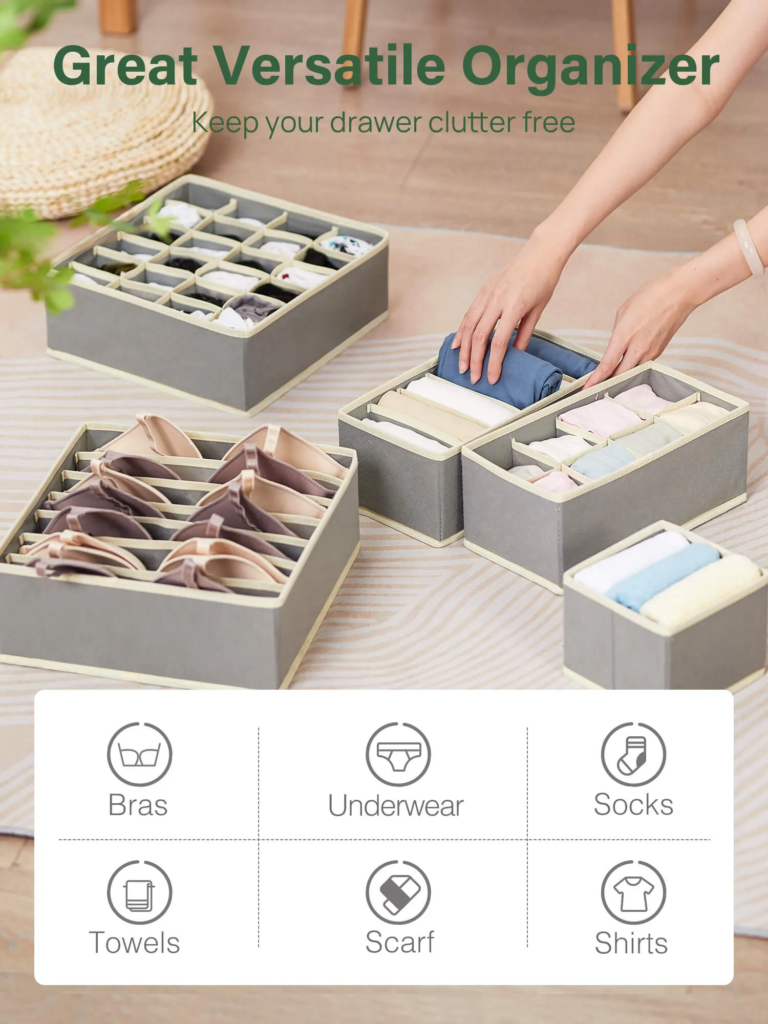 Kootek 10 Pack Drawer Organizers for Clothing, Socks Underwear Organizer Dresser Drawers Fabric Foldable Dividers, Cabinet Closet Organizers and Storage Boxes for Bras, Lingerie, Tie, Belts