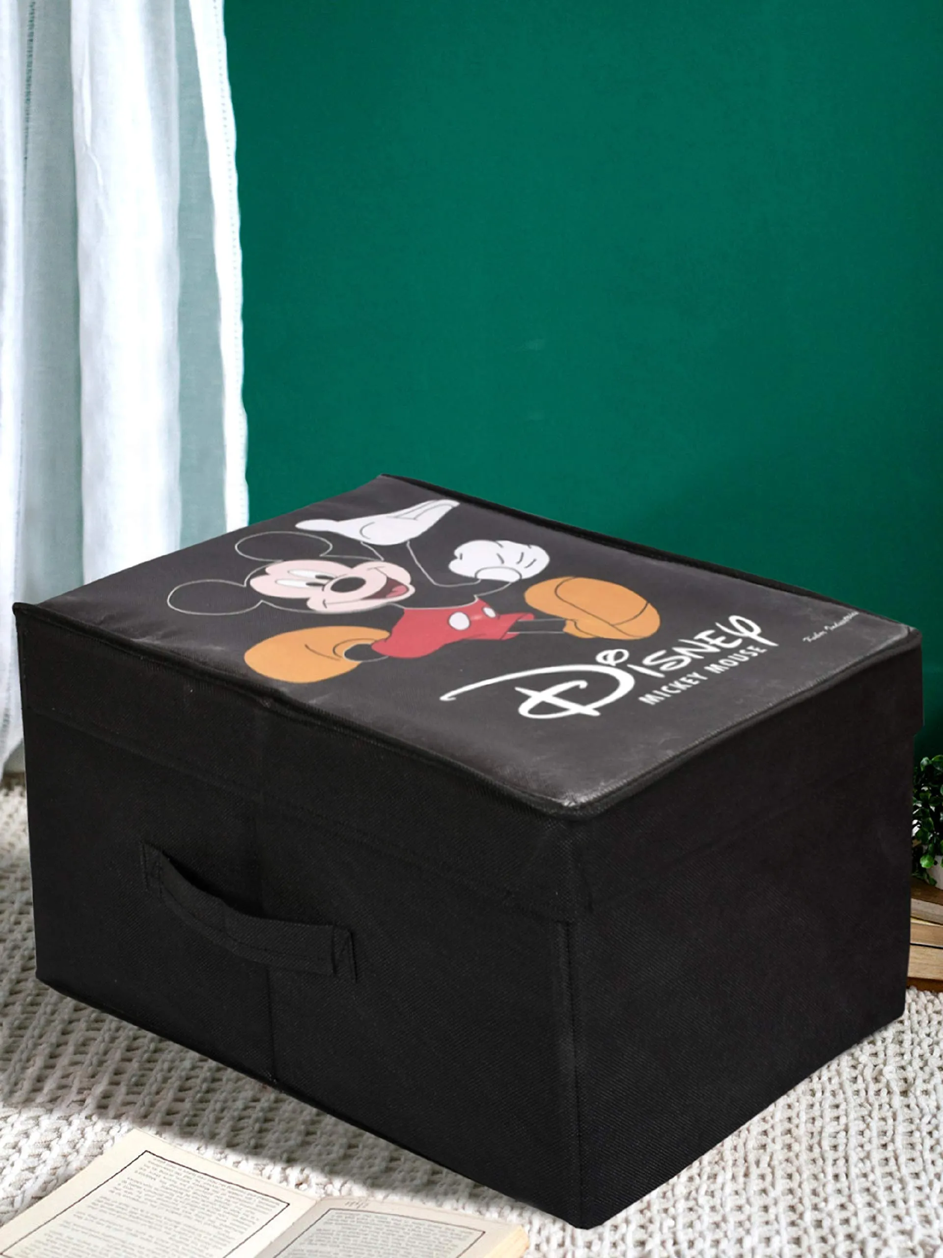 Kuber Industries Disney Tram Mickey Mouse Print Non Woven Fabric Foldable Cloth Storage Wardrobe Organiser Box with Lid, (Extra Large, Black & Royal Blue, 2 Pieces)-KUBMART1733