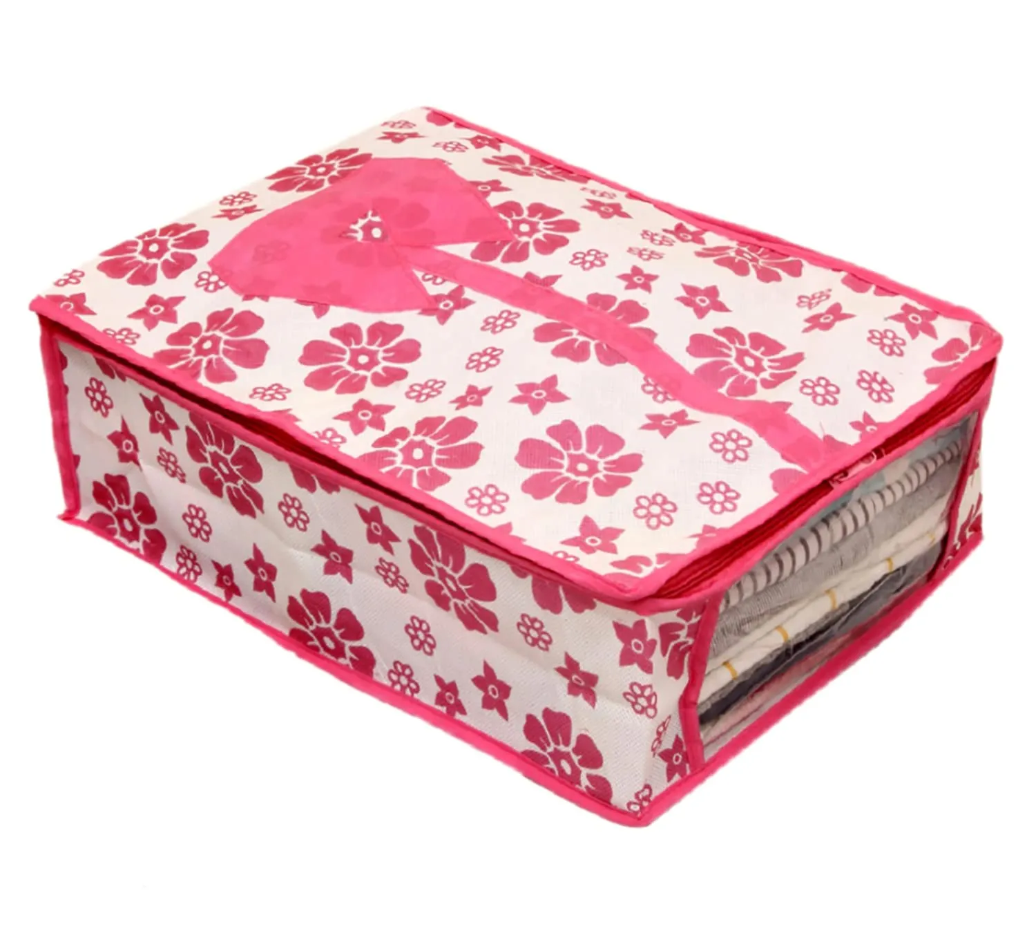 Kuber Industries Flower Printed Shirts & Clothing Organizer With Clear Window- Pack of 3 (Pink)-HS43KUBMART26189