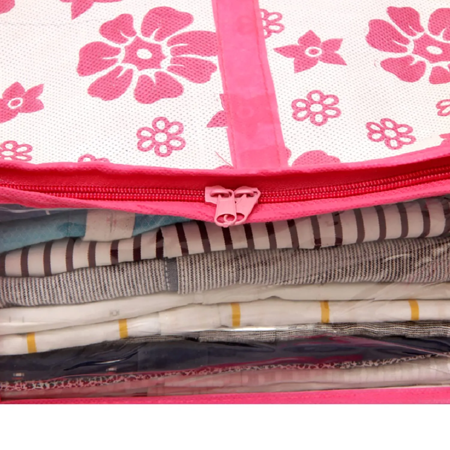 Kuber Industries Flower Printed Shirts & Clothing Organizer With Clear Window- Pack of 3 (Pink)-HS43KUBMART26189