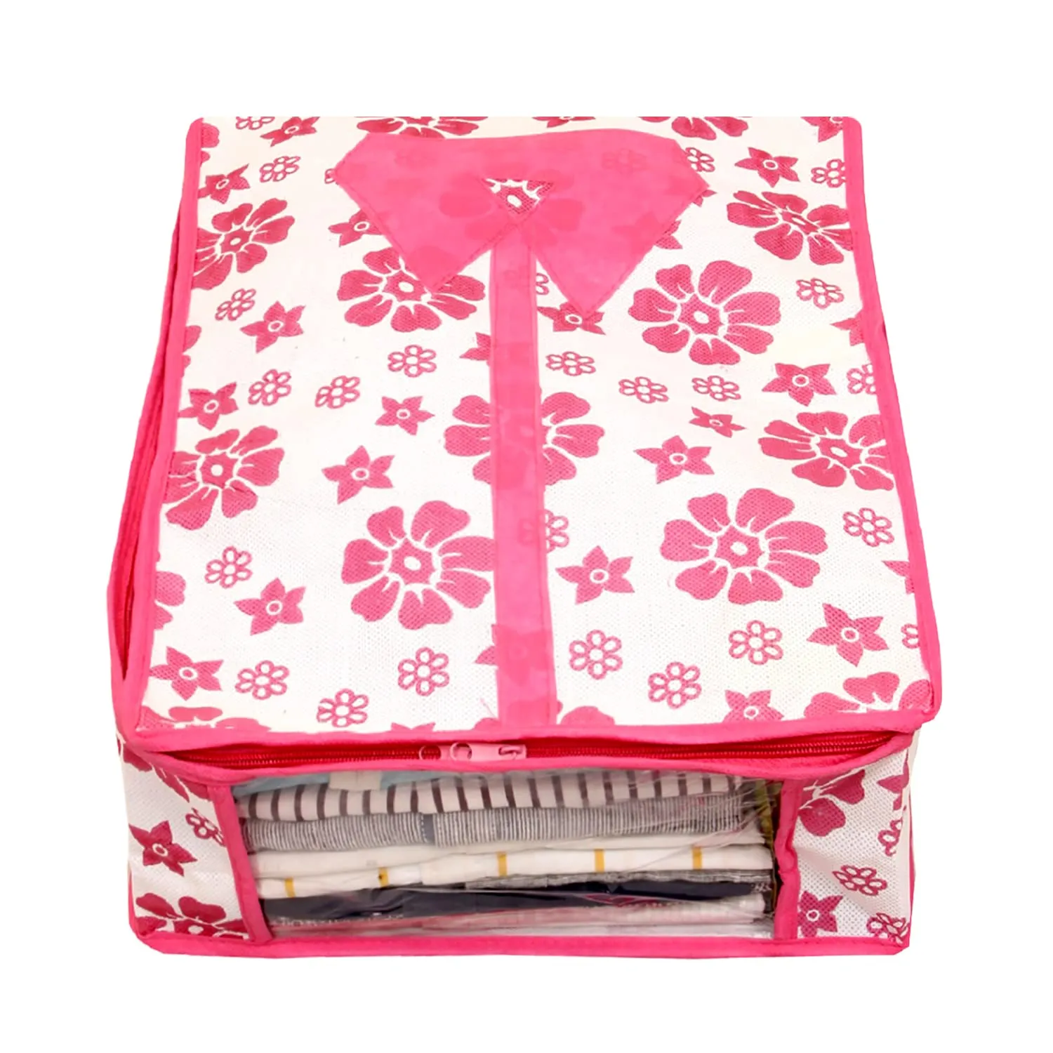 Kuber Industries Flower Printed Shirts & Clothing Organizer With Clear Window- Pack of 3 (Pink)-HS43KUBMART26189