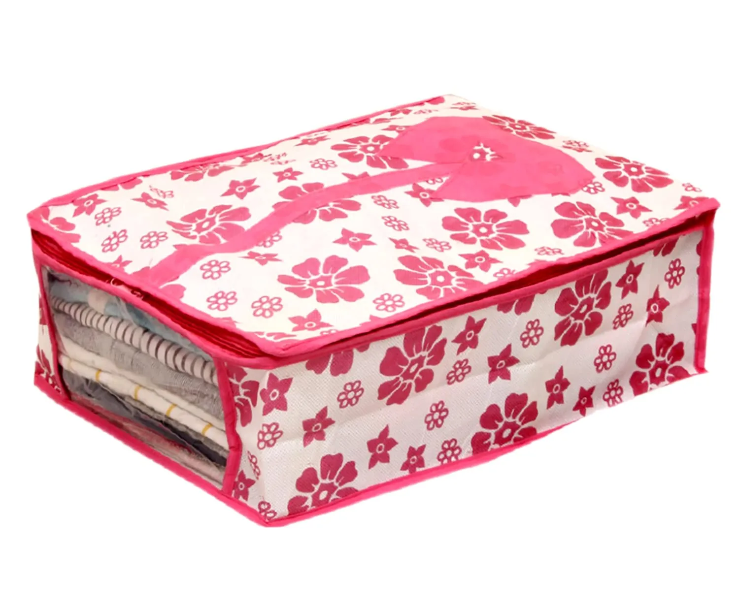 Kuber Industries Flower Printed Shirts & Clothing Organizer With Clear Window- Pack of 3 (Pink)-HS43KUBMART26189
