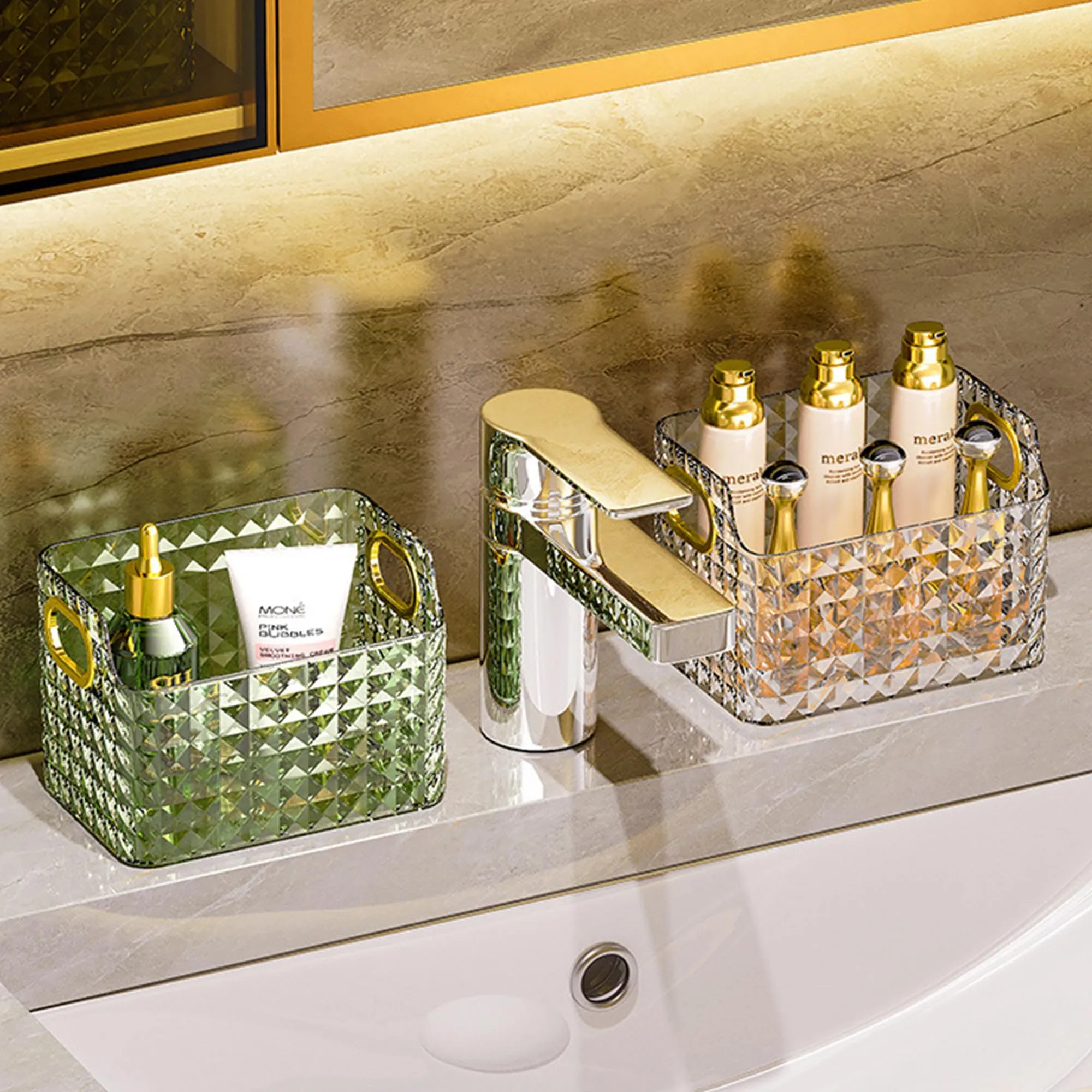 Kuber Industries Makeup Desk Organizer | Diamond Cut Glass Finishing ABS | Multipurpose Cosmetic Organiser | large capacity | Skin Care Products Holder for Dressing Table | Dark Green