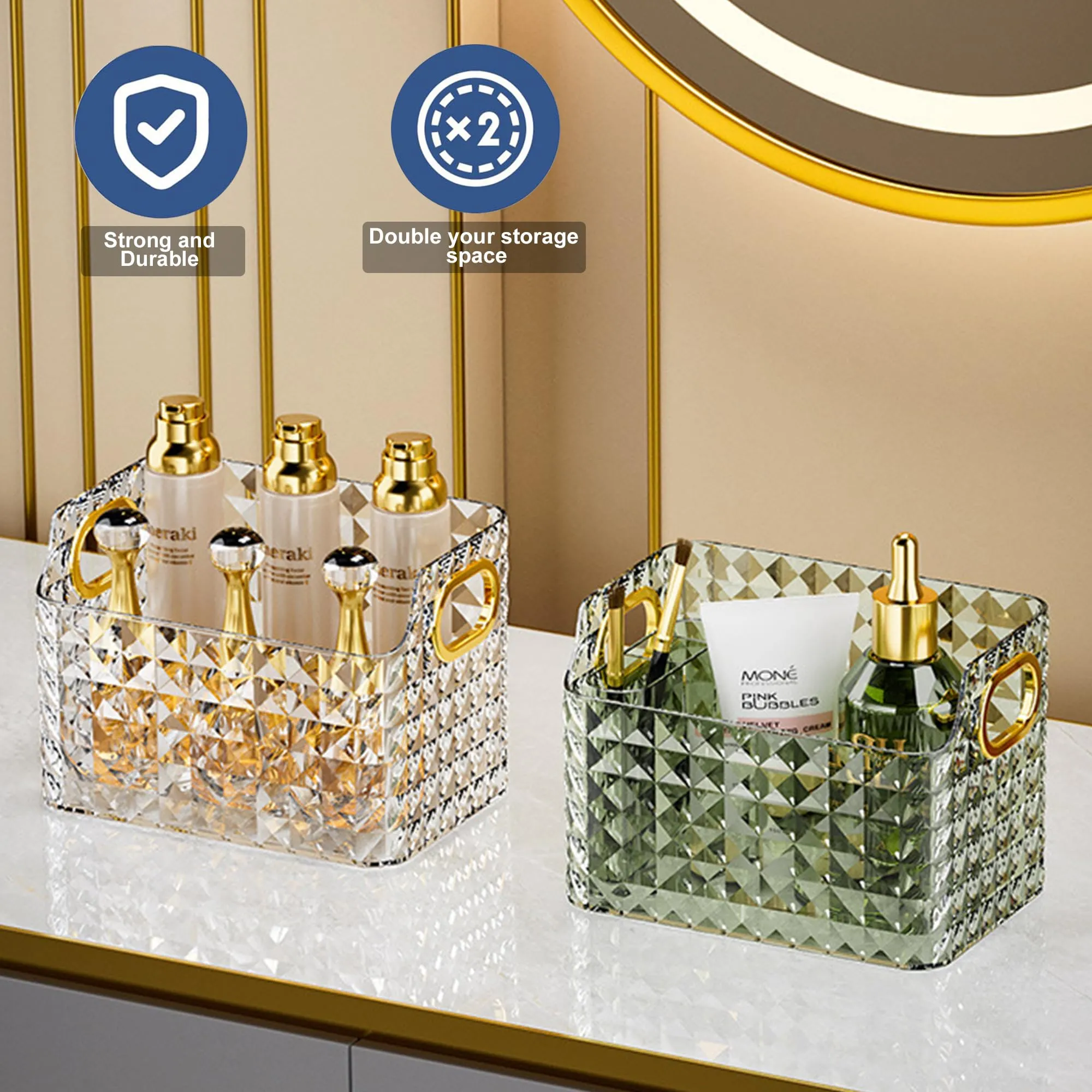 Kuber Industries Makeup Desk Organizer | Diamond Cut Glass Finishing ABS | Multipurpose Cosmetic Organiser | large capacity | Skin Care Products Holder for Dressing Table | Dark Green