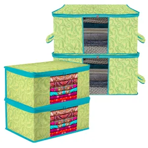 Kuber Industries Saree Cover & Underbed Stoarge Bag Set | 2 Pieces Saree & 2 Pieces Underbed Storage Bag Combo Set | Zipper Closure & Handle | Leaf-Design | Set of 4 | Green