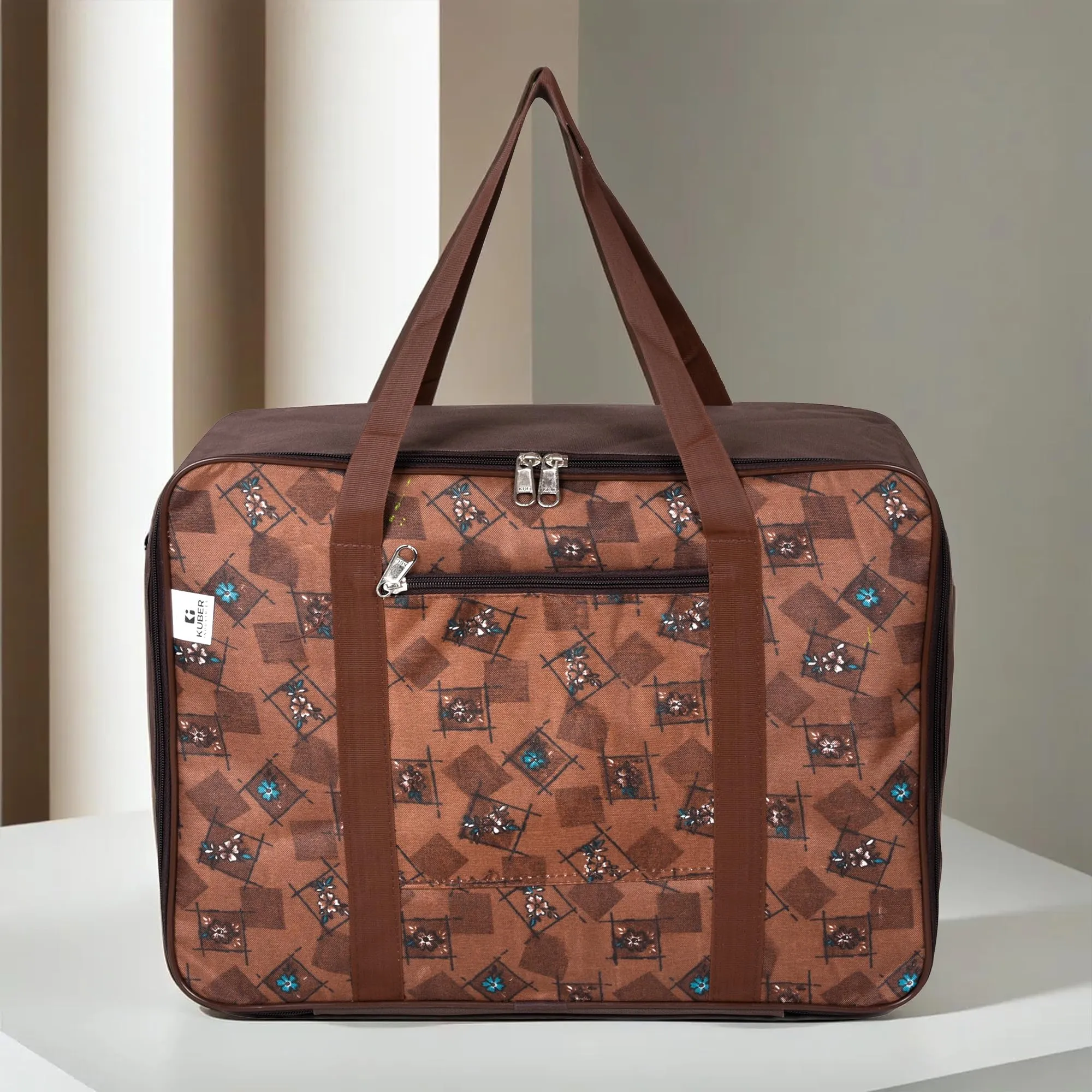 Kuber Industries Storage Bag | Clothes Storage Attachi Bag | Underbed Storage Bag | Zipper Storage Bag | Wardrobe Organizer with Handle | Travel Attachi Bag | Flower Check | Large | Brown