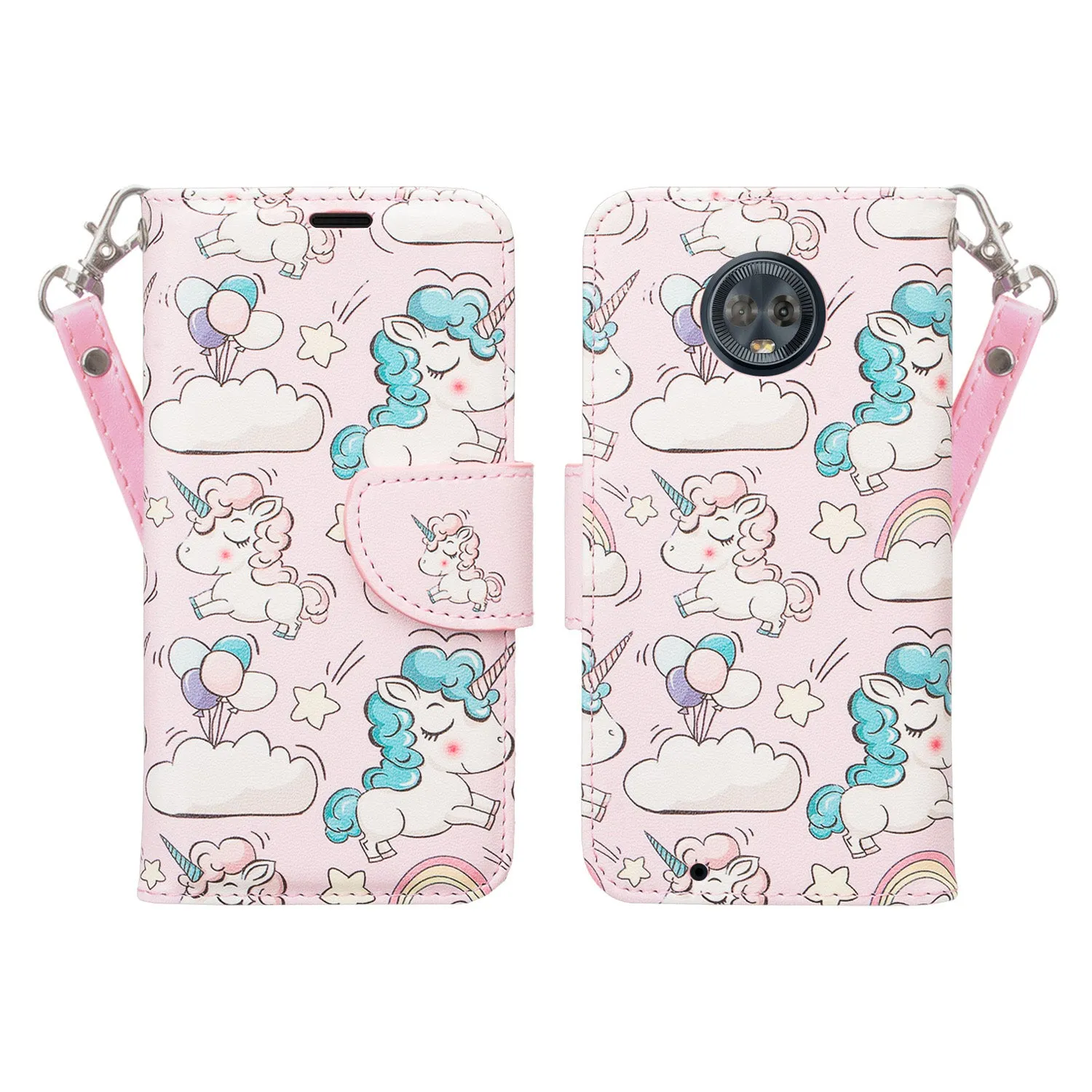 LG K10 (2018) Case, K30, Premier Pro, K10 Plus, Phoenix Plus, Xpression Plus, K10α, X4 Plus, X410, MS245, Slim Magnetic Flip Kickstand Wrist Strap Leather Wallet Cover - Pink Unicorn