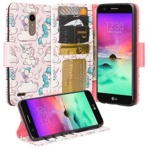 LG K10 (2018) Case, K30, Premier Pro, K10 Plus, Phoenix Plus, Xpression Plus, K10α, X4 Plus, X410, MS245, Slim Magnetic Flip Kickstand Wrist Strap Leather Wallet Cover - Pink Unicorn