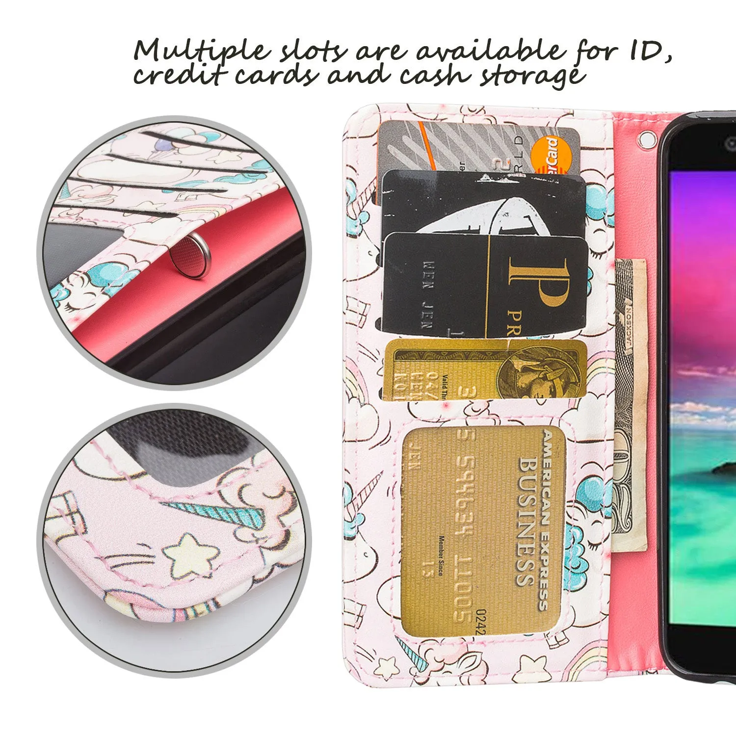 LG K10 (2018) Case, K30, Premier Pro, K10 Plus, Phoenix Plus, Xpression Plus, K10α, X4 Plus, X410, MS245, Slim Magnetic Flip Kickstand Wrist Strap Leather Wallet Cover - Pink Unicorn