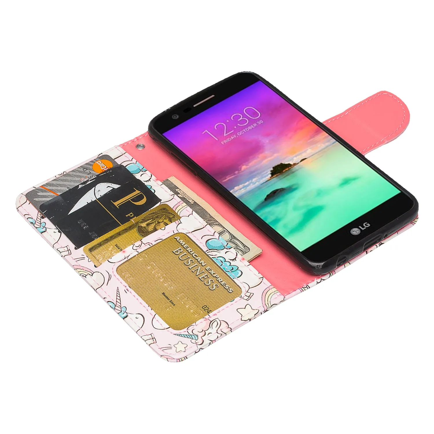 LG K10 (2018) Case, K30, Premier Pro, K10 Plus, Phoenix Plus, Xpression Plus, K10α, X4 Plus, X410, MS245, Slim Magnetic Flip Kickstand Wrist Strap Leather Wallet Cover - Pink Unicorn