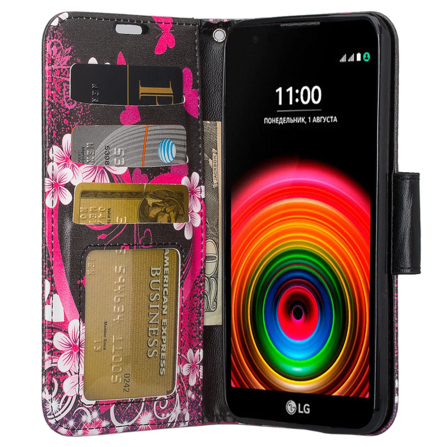 LG X Power Case, Wrist Strap Magnetic Fold[Kickstand] Pu Leather Wallet Case with ID & Credit Card Slots for LG X Power - Heart Butterfly