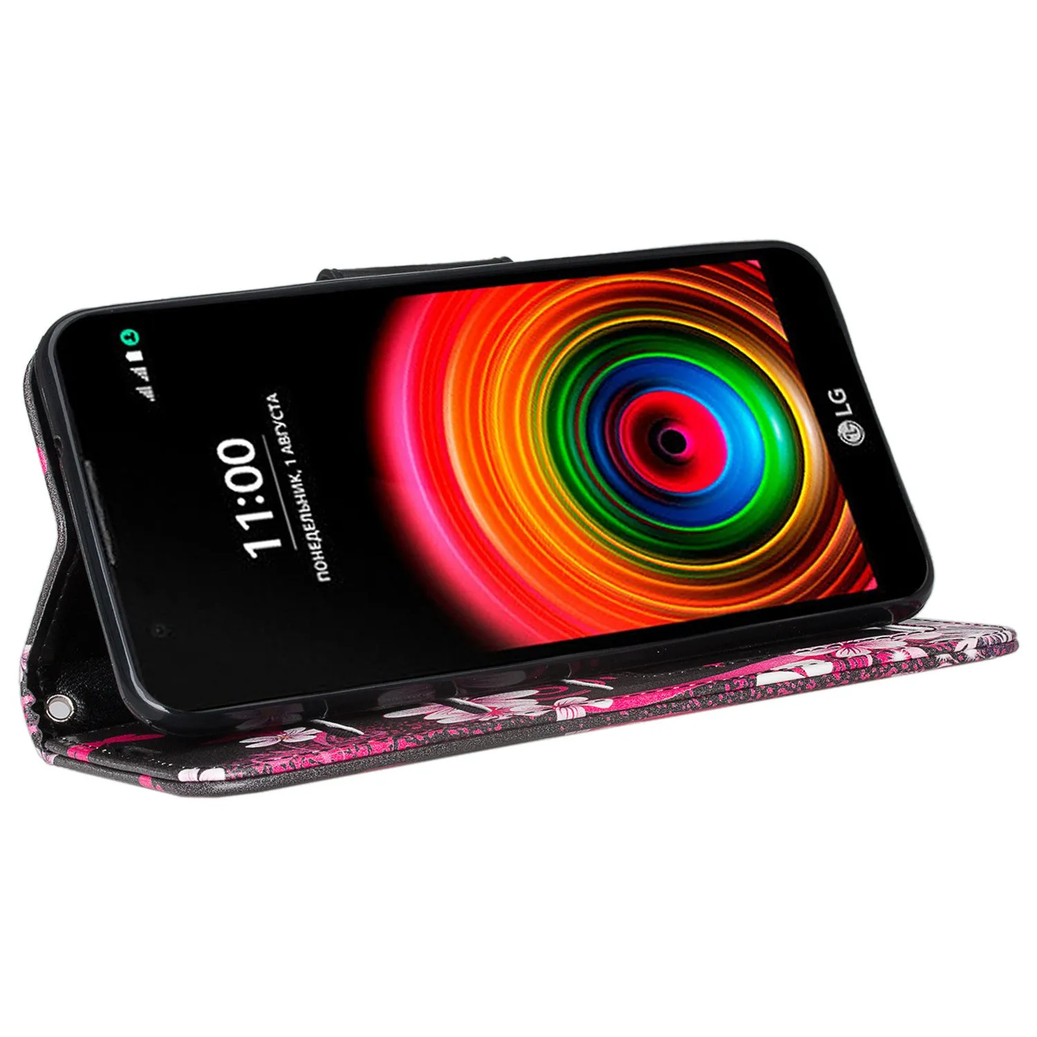 LG X Power Case, Wrist Strap Magnetic Fold[Kickstand] Pu Leather Wallet Case with ID & Credit Card Slots for LG X Power - Heart Butterfly