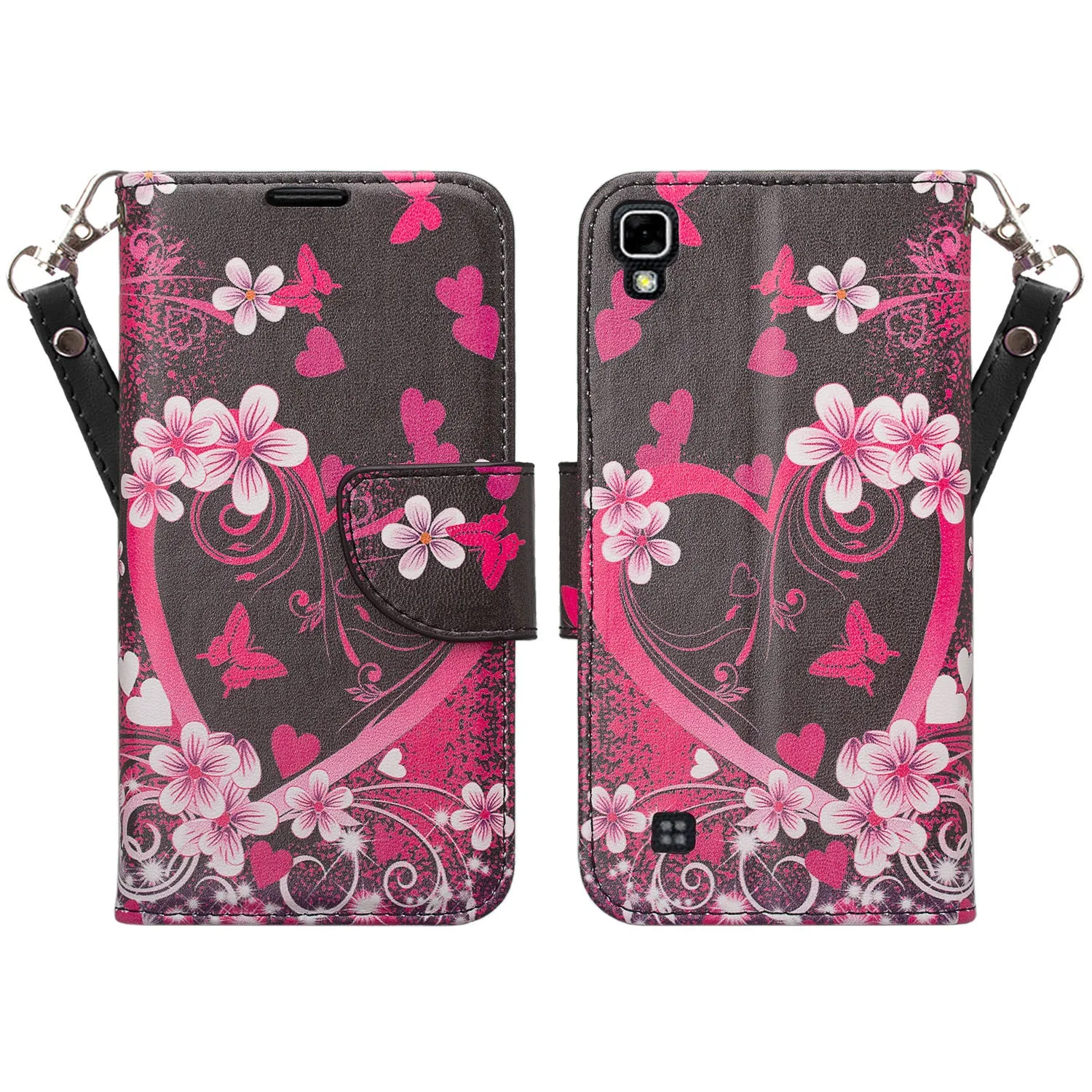 LG X Power Case, Wrist Strap Magnetic Fold[Kickstand] Pu Leather Wallet Case with ID & Credit Card Slots for LG X Power - Heart Butterfly