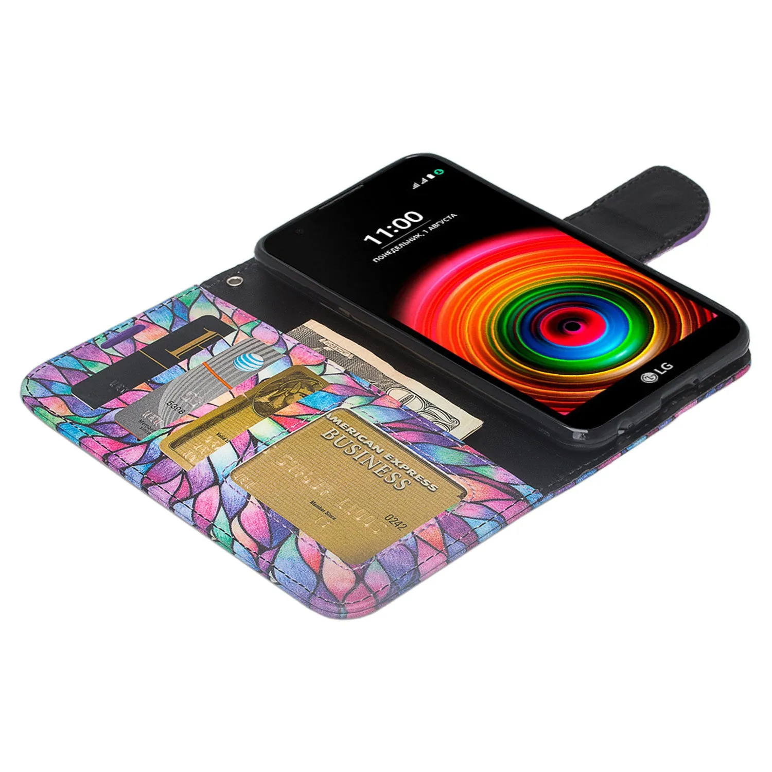 LG X Power Case, Wrist Strap Magnetic Fold[Kickstand] Pu Leather Wallet Case with ID & Credit Card Slots for LG X Power - Rainbow Flower