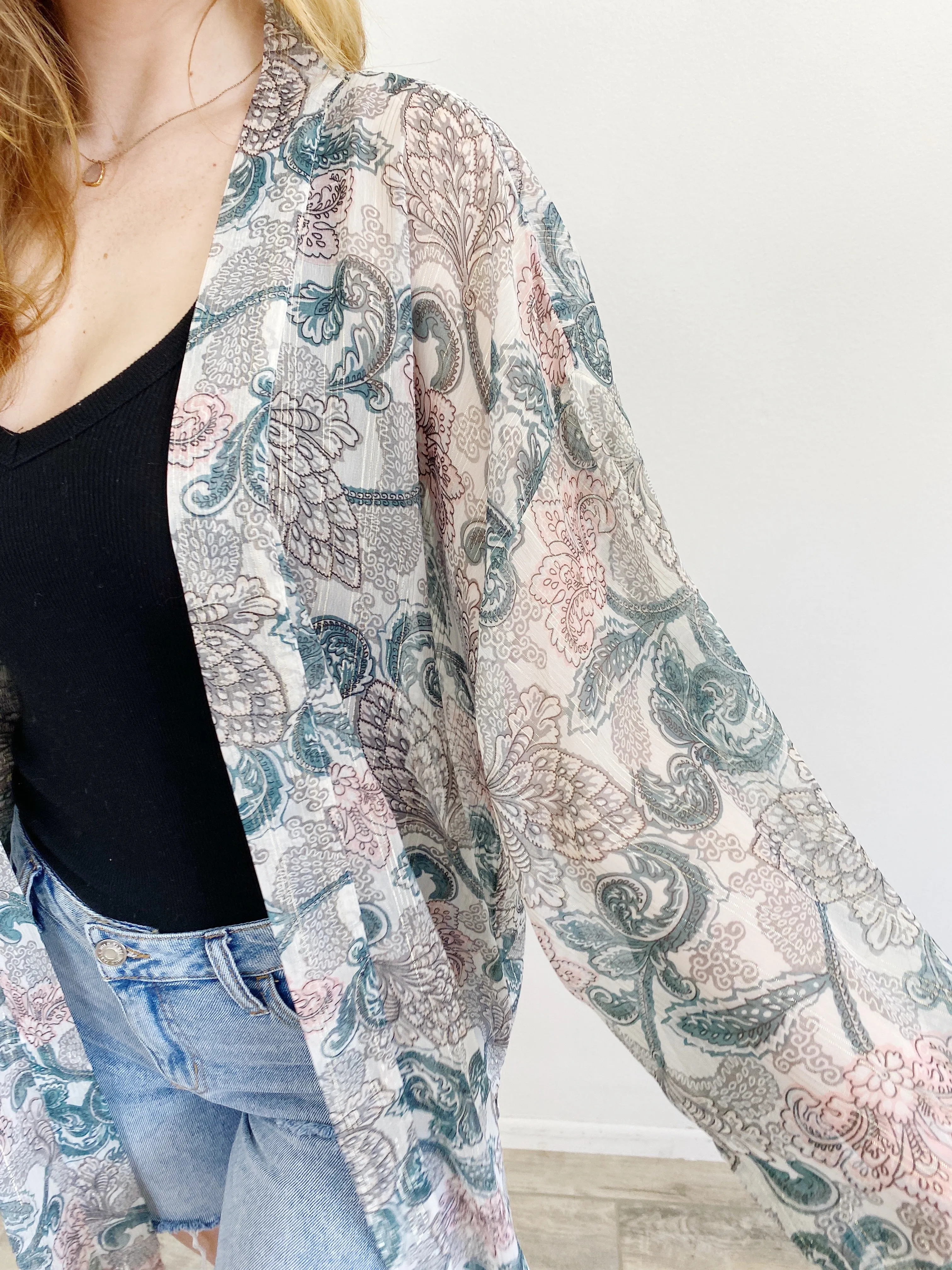 LOFT Gorgeous Teal Paisley Shimmer Kimono