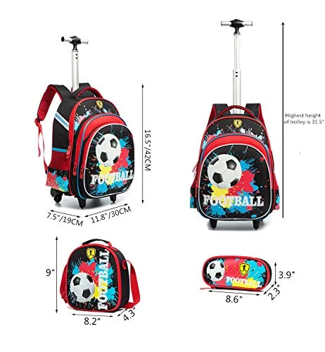 Meetbelify Girls Unicorn Rolling Backpacks Kids Backpack with Wheels for Girls School Bags with Lunch Box (Football)