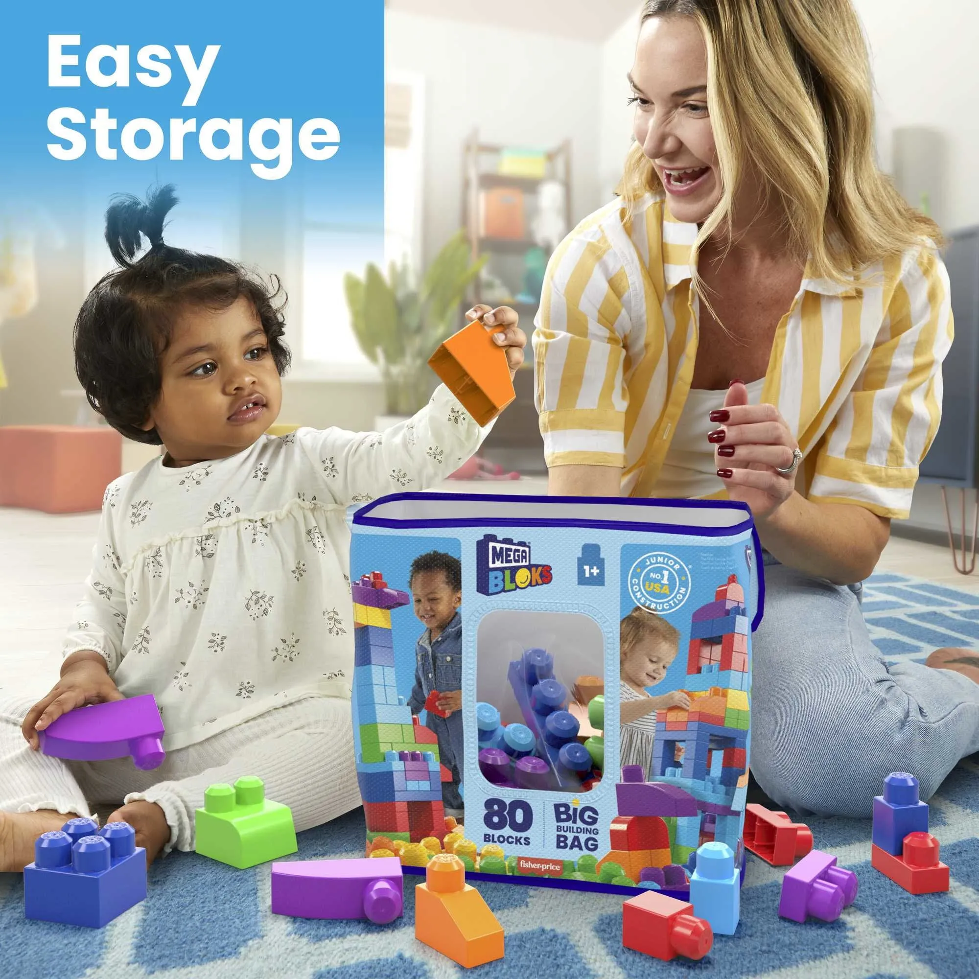 MEGA BLOKS Fisher-Price Toy Blocks Blue Big Building Bag with Storage (80 Pieces) for Toddler