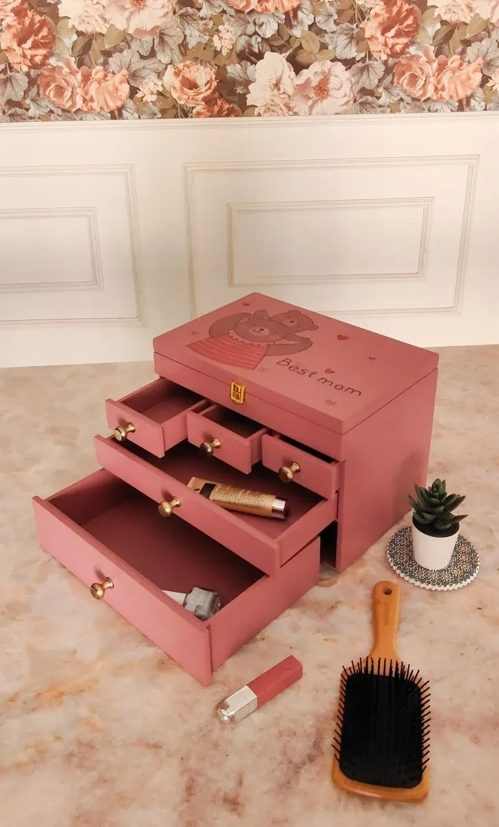 Multipurpose Wooden Makeup & Jewellery Organizer with 5 Drawers- Plum