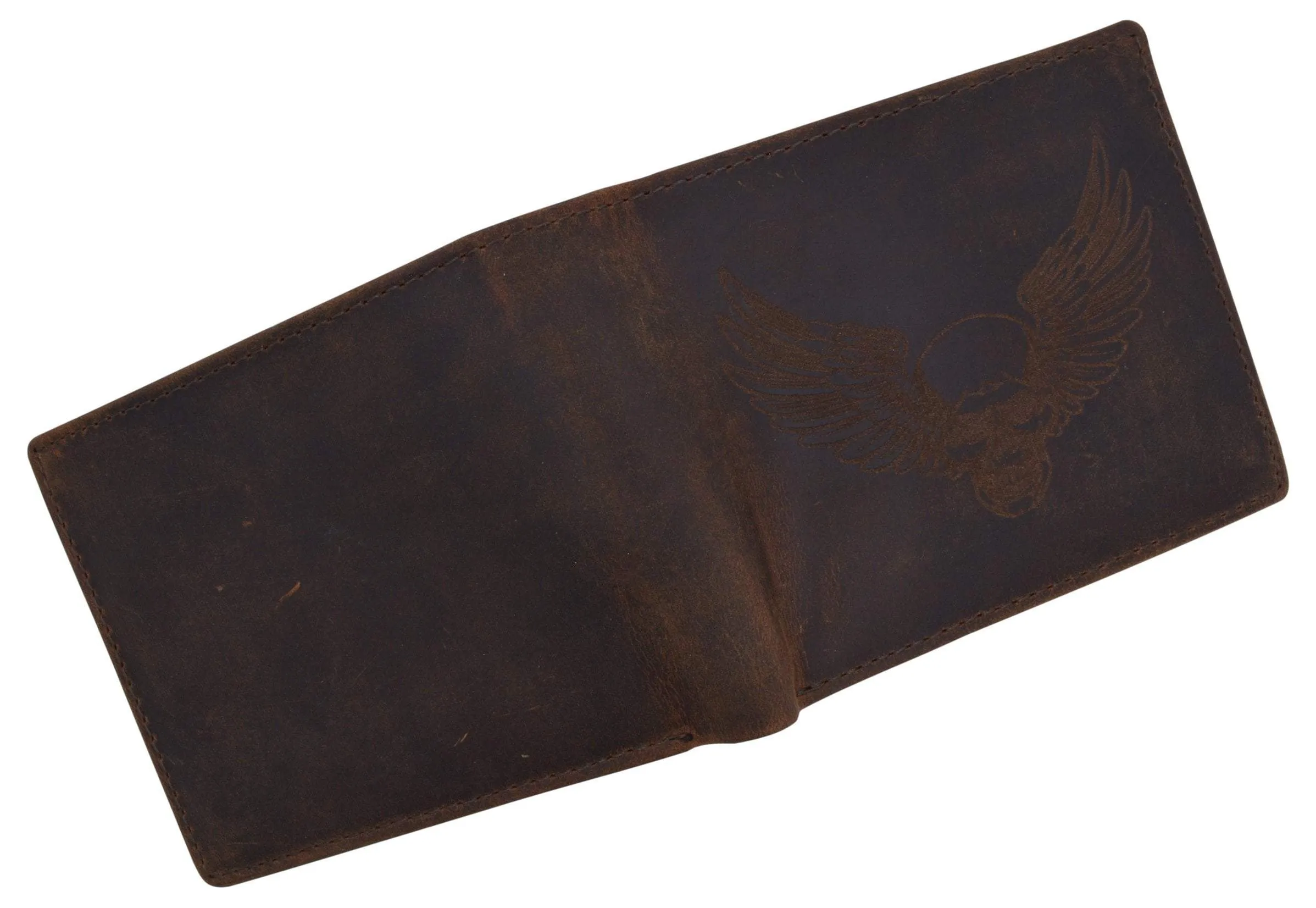 New Skull & Wings Printed Logo Mens RFID Bifold Genuine Leather Wallet