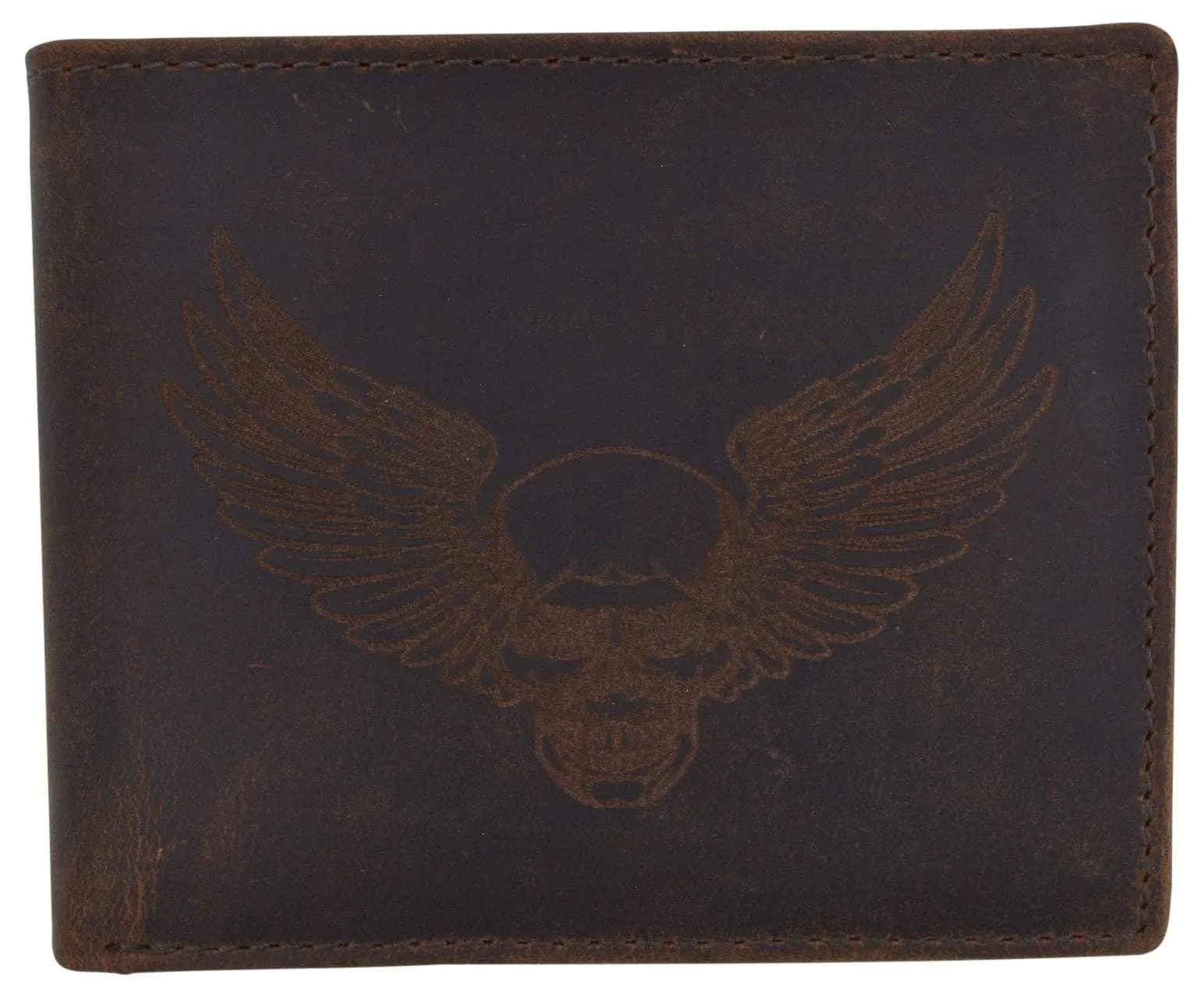 New Skull & Wings Printed Logo Mens RFID Bifold Genuine Leather Wallet