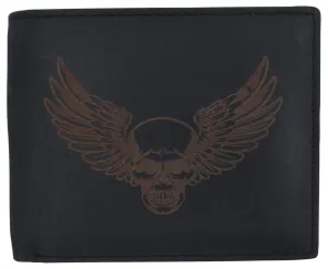 New Skull & Wings Printed Logo Mens RFID Bifold Genuine Leather Wallet