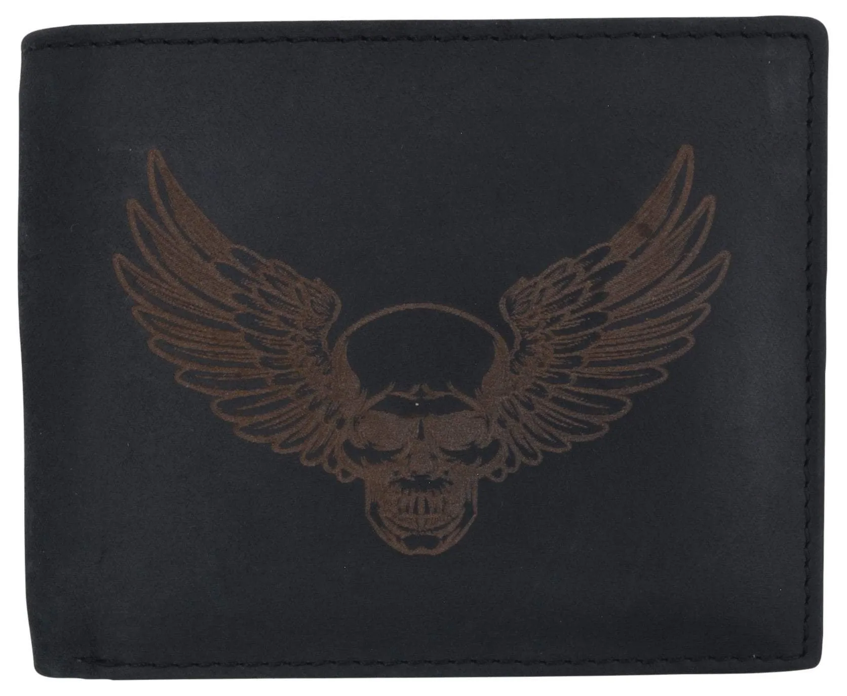 New Skull & Wings Printed Logo Mens RFID Bifold Genuine Leather Wallet