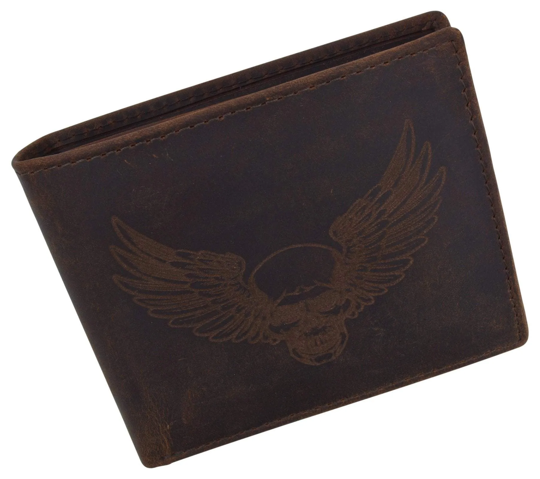 New Skull & Wings Printed Logo Mens RFID Bifold Genuine Leather Wallet