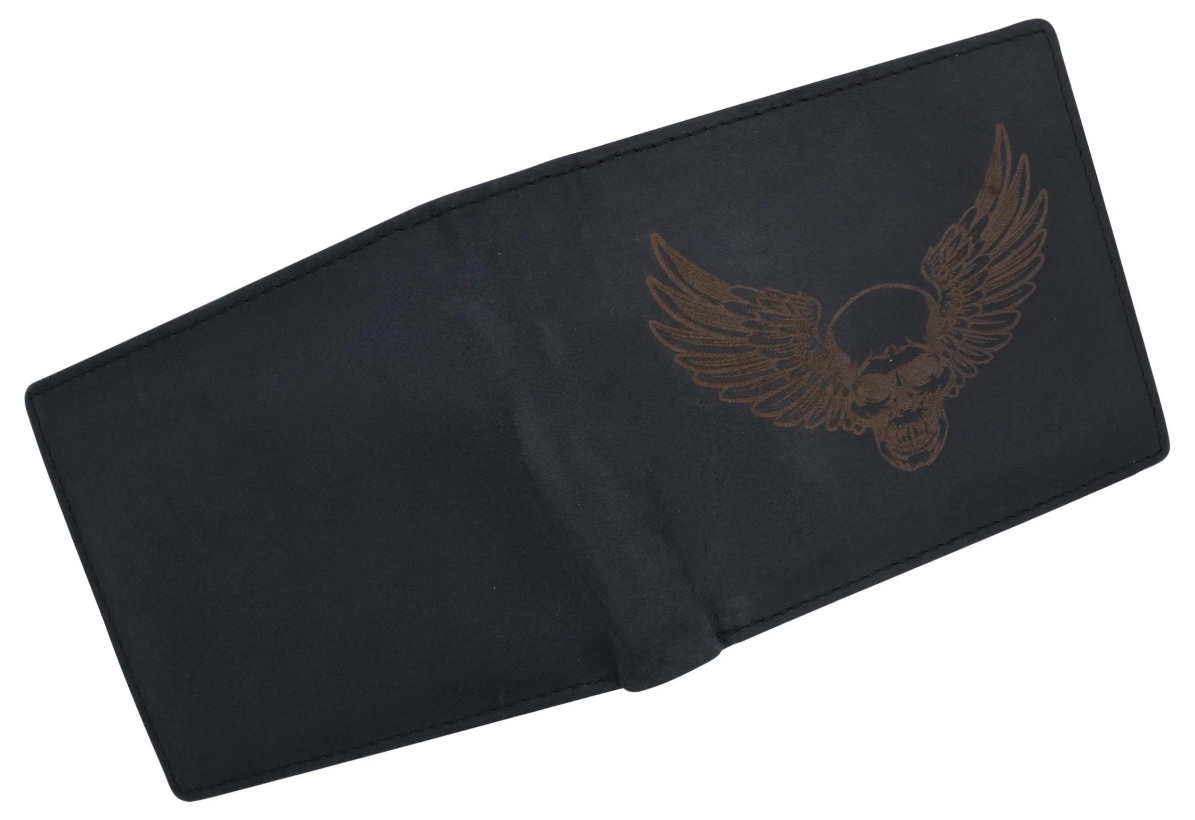 New Skull & Wings Printed Logo Mens RFID Bifold Genuine Leather Wallet