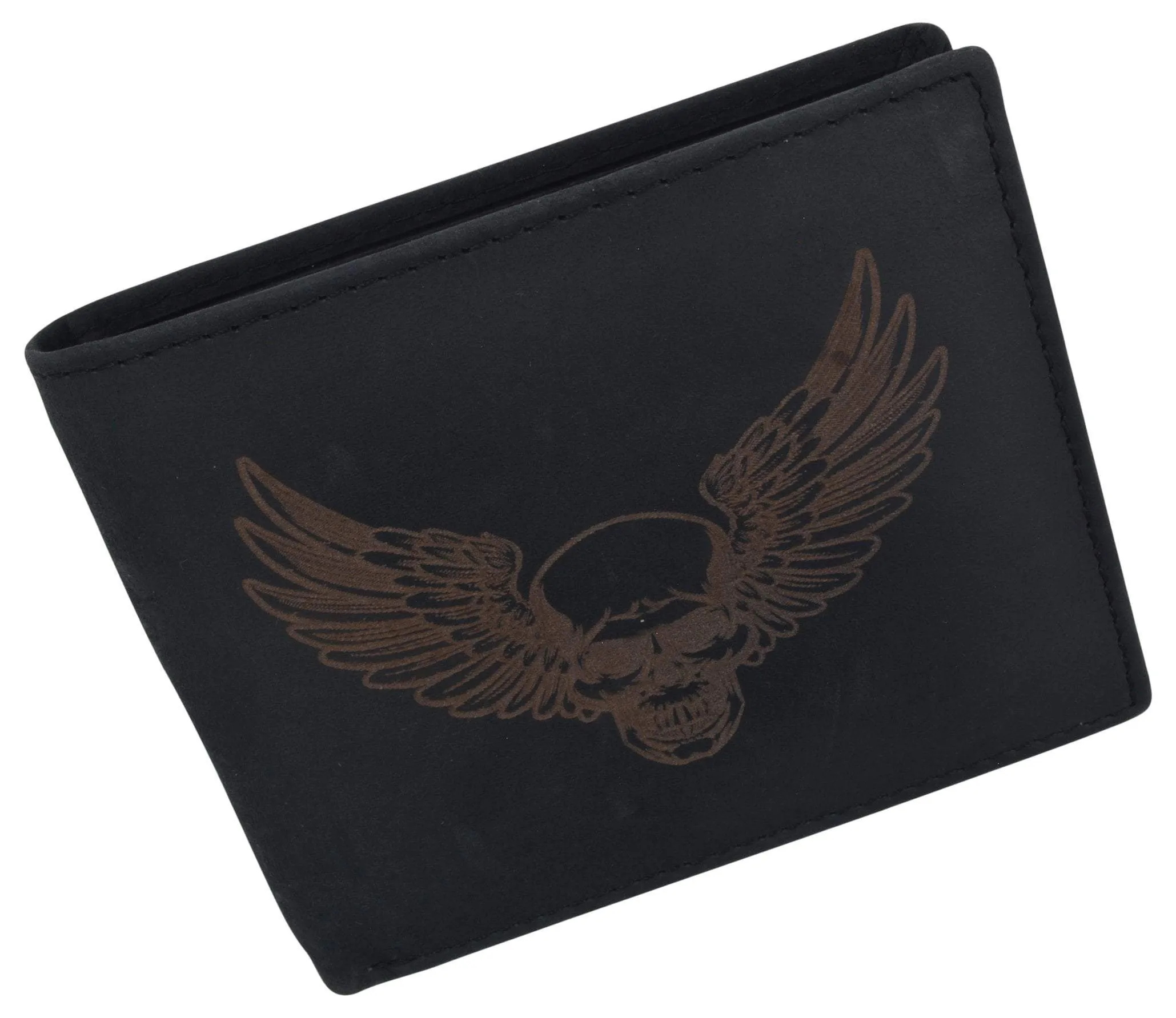 New Skull & Wings Printed Logo Mens RFID Bifold Genuine Leather Wallet