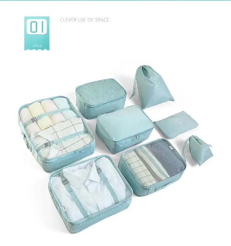 Off White 8-Piece Travel Organizer Set - Packing Bags for Clothes, Shoes, Underwear, and Toiletries with Drawstring and Zip Pouches