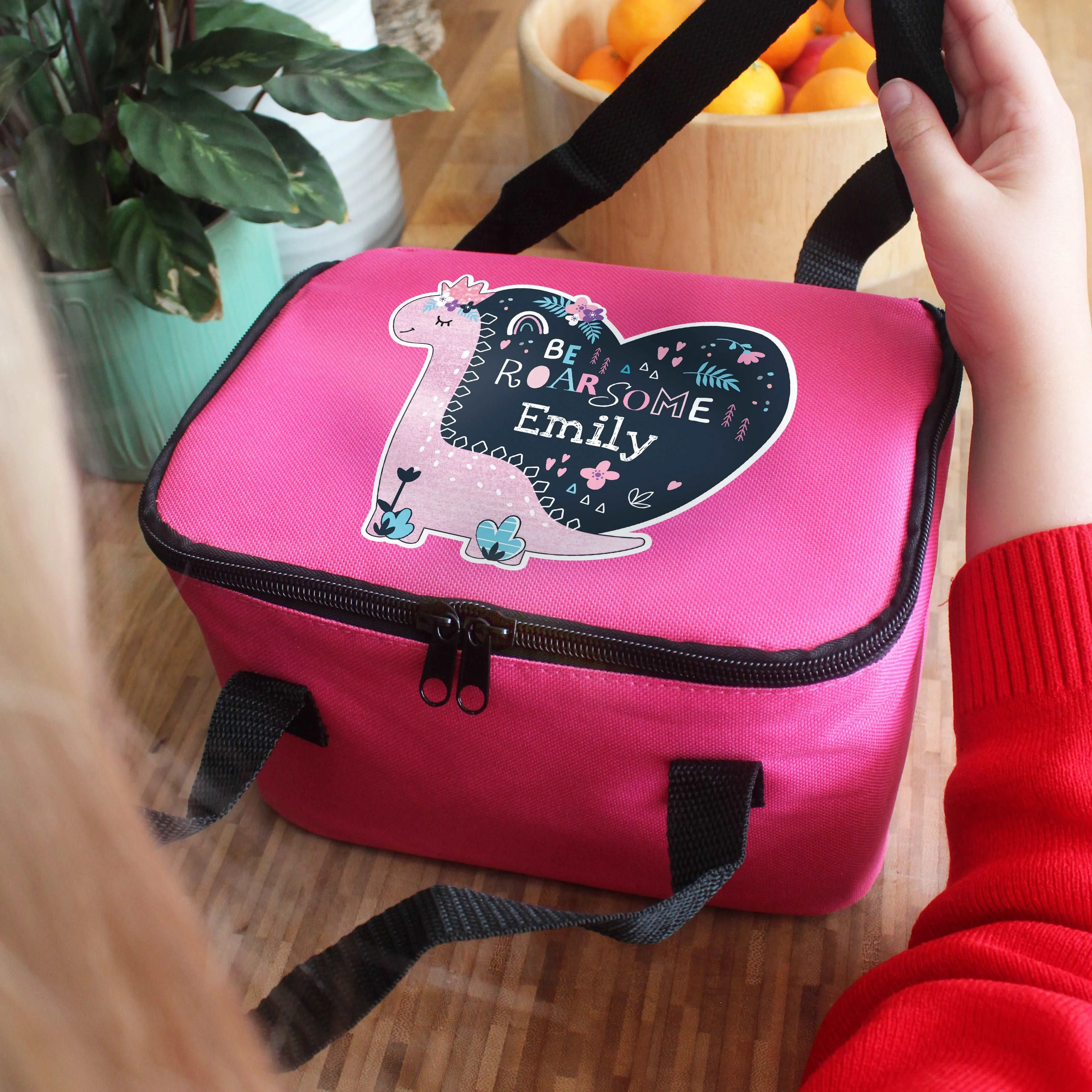 Personalised Dinosaur Pink Children's School Lunch Bag