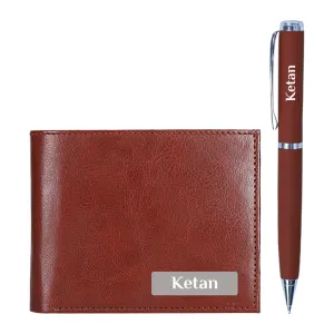 Personalized Brown PU Leather Wallet & Pen Set - Premium Gifts for Men