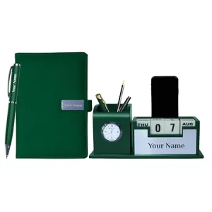 Personalized Desk Organizer With Diary Pen Set With Name - Green Silver