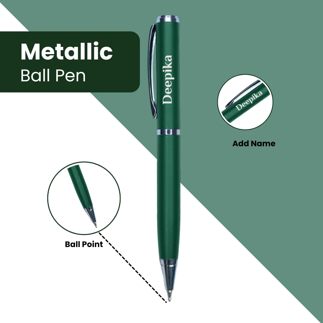 Personalized Desk Organizer With Diary Pen Set With Name - Green Silver