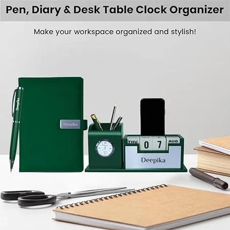 Personalized Desk Organizer With Diary Pen Set With Name - Green Silver