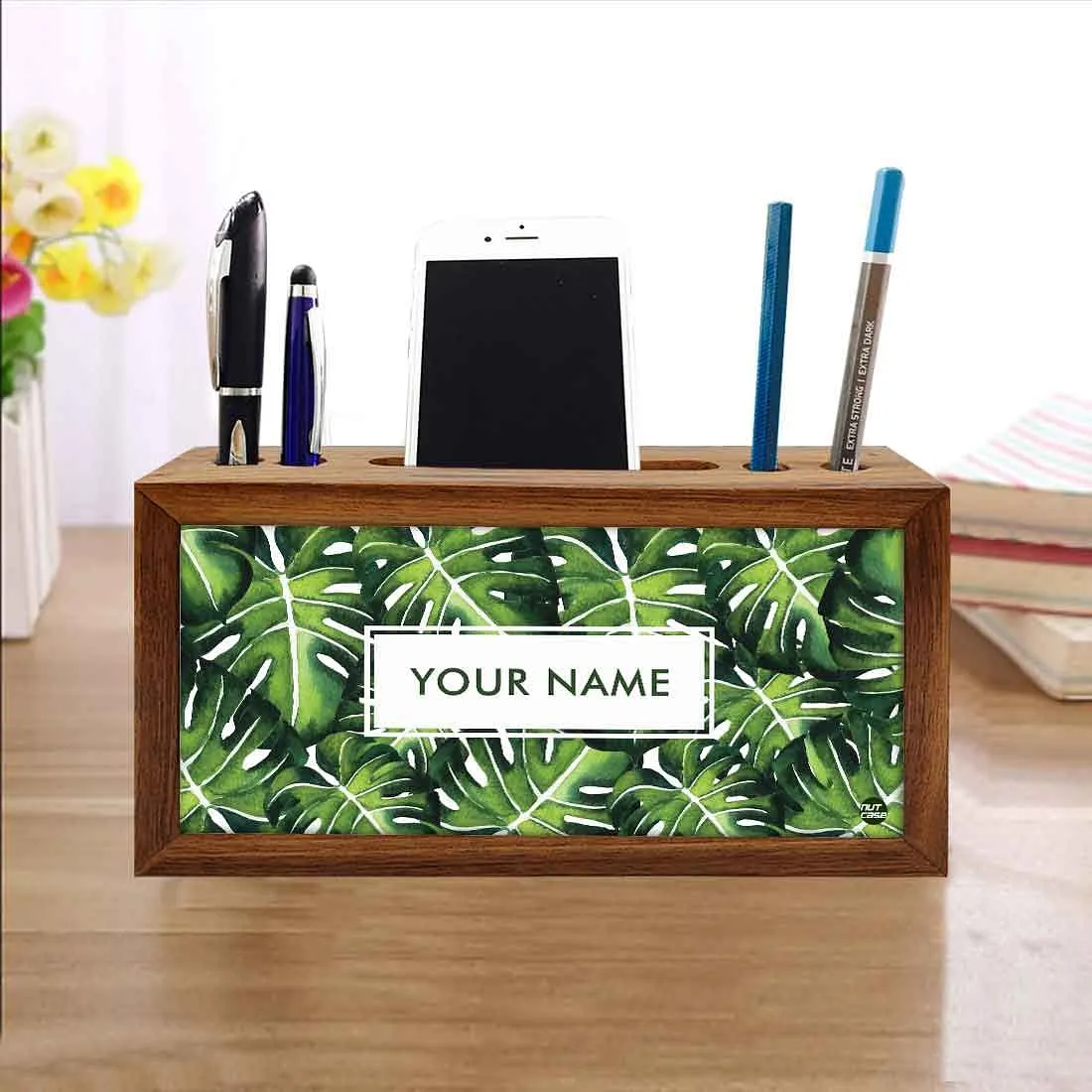 Personalized Wooden pencil organizer - Monstera Plants