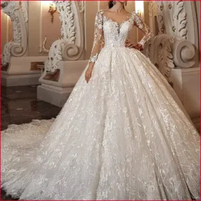 Princess Wedding Dress with Sleeves in White and Ivory
