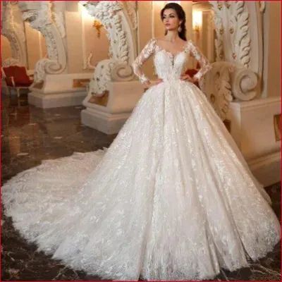 Princess Wedding Dress with Sleeves in White and Ivory