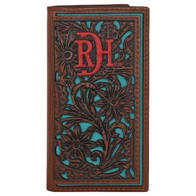Red Dirt Hat Co. Floral Tooled With Turquoise Inlay Brown Leather Rodeo Wallet